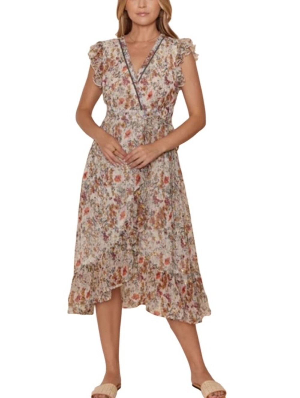 NWT RAGA Yara Midi Wrap Front Dress Tie Waist Orange Gold Specks Cream Blk